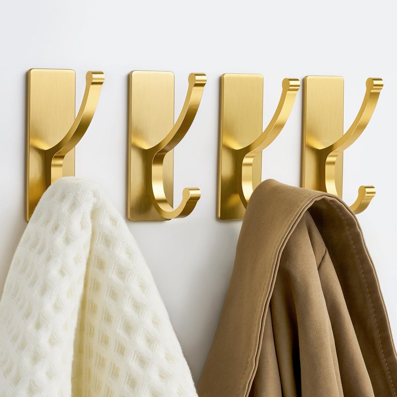 pickpiff Adhesive Wall Hooks with Strip - No Residue, Easy to Remove, Strong Heavy Duty Sticky Towel Hook, 4 Pack Brushed Gold - Image 1
