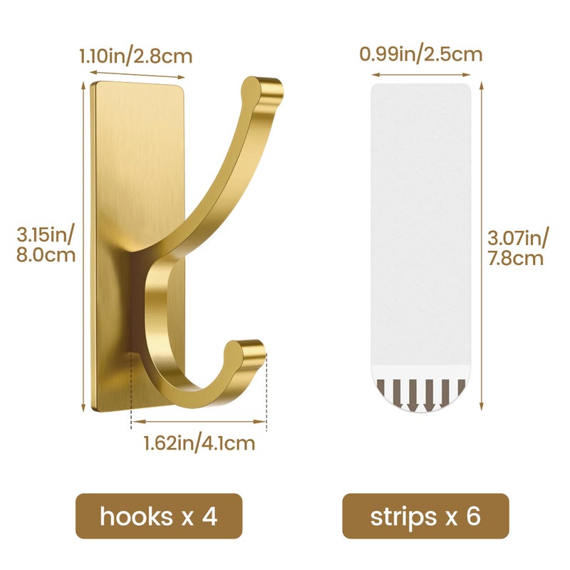 pickpiff Adhesive Wall Hooks with Strip - No Residue, Easy to Remove, Strong Heavy Duty Sticky Towel Hook, 4 Pack Brushed Gold - Image 4