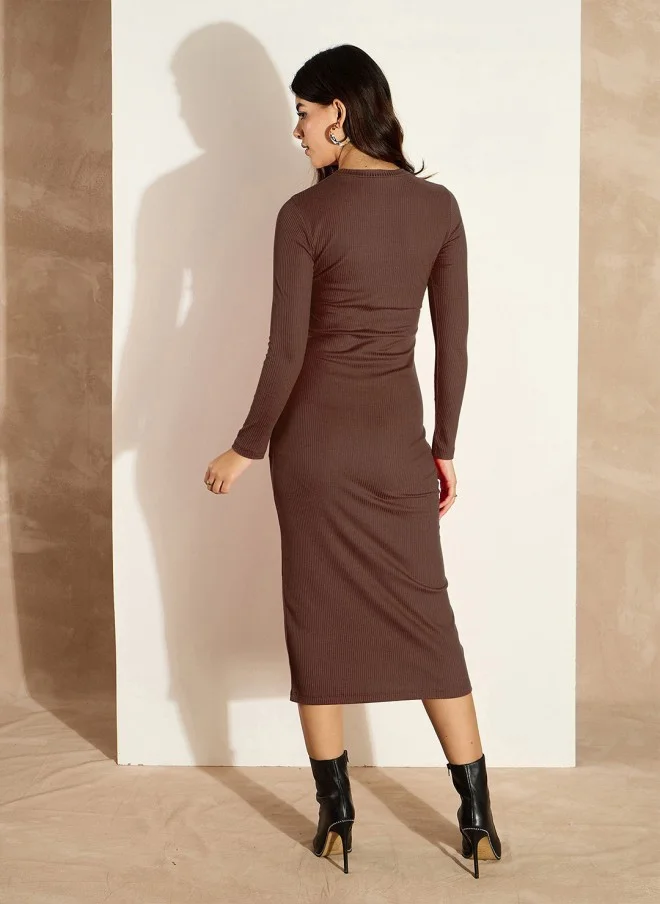 SASSAFRAS Bodycon Midi Dress in Mocha Mousse for Women