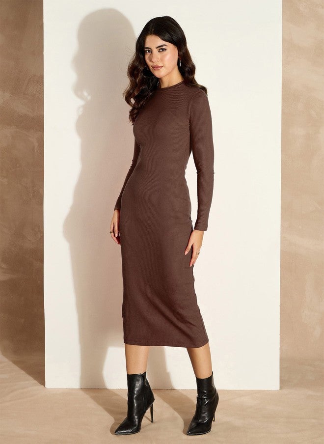 SASSAFRAS Bodycon Midi Dress in Mocha Mousse for Women - Image 3