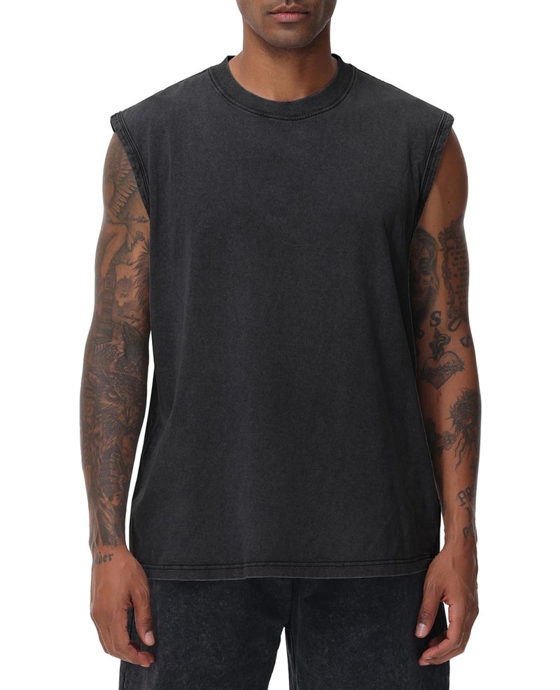 SnowElve Mens Workout Tank Tops Sleeveless Tee Shirts Men Muscle Shirt Gym Acid Wash T Shirts Running Beach Loose Fit Tee(BK,XL) Black - Image 1