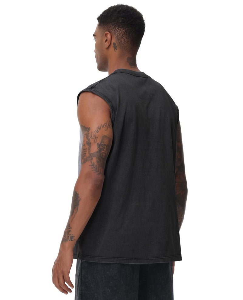 SnowElve Mens Workout Tank Tops Sleeveless Tee Shirts Men Muscle Shirt Gym Acid Wash T Shirts Running Beach Loose Fit Tee(BK,XL) Black - Image 3