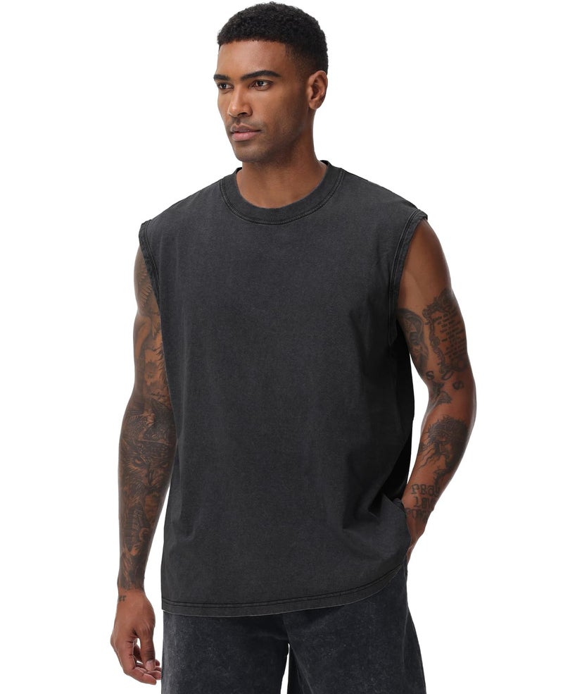 SnowElve Mens Workout Tank Tops Sleeveless Tee Shirts Men Muscle Shirt Gym Acid Wash T Shirts Running Beach Loose Fit Tee(BK,XL) Black - Image 2