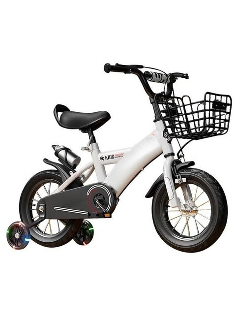 Children's High Carbon Steel Bicycle with Basket 12 inches with Flashing Assist Wheels Student Bicycle for Children 2-8 years old White