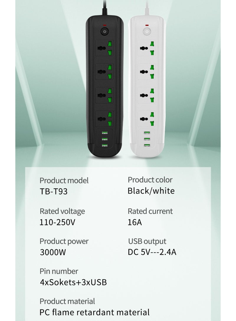 GULFLINK Power Extension Cord 2 Meter Cable With 4 Power Socket 3 USB Power Strip White - Image 2