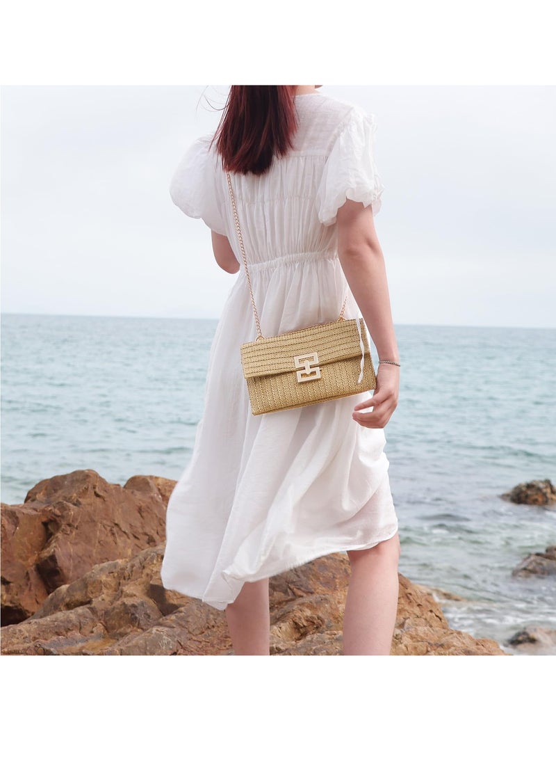 SYOSI Straw Clutch Purses for Women, Summer Beach Rattan Handbag, Boho Woven Envelope Wallet, Fold-Over Chain Crossbody Shoulder Bag, Evening Bag for Casual or Formal Outfits - Image 5