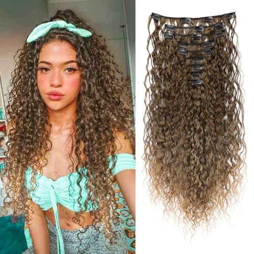 FLUFYMOOZ 9PCS Clip in Hair Extensions 22 Inch Curly Hair Extension Long Soft Synthetic Hairpieces for Women (Dark Blonde) - Image 1