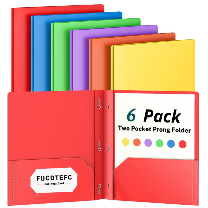 FUCDTEFC 2 Pocket Folder with Prong, 6 Pack Plastic Folders with Pockets, File Folders with Fasteners, Heavy Duty Two Pocket 3 Prong Folders for Office Supplies School Letter Size, 6 Bright Color - Image 1