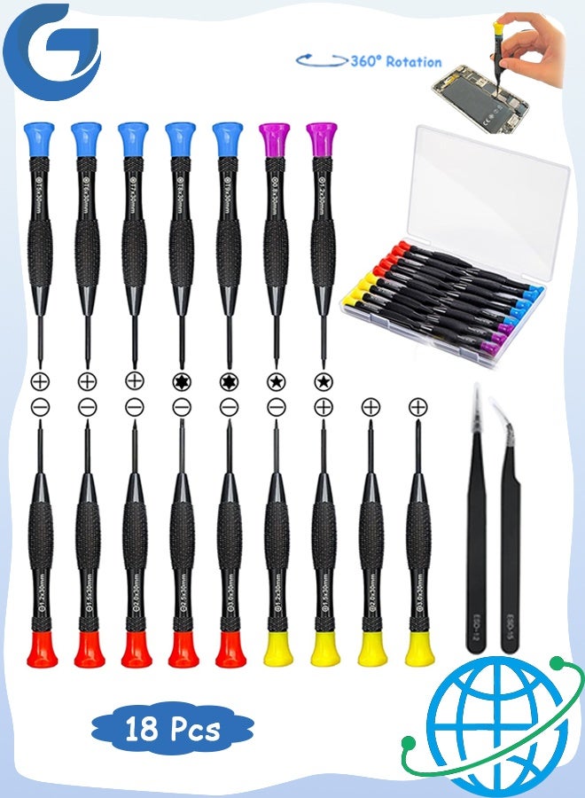 18 PCS Mini Precision Screwdriver Set With Case - Magnetic Small Flathead Phillips Pentalobe Torx Star Screwdriver and Tweezers - Small Magnetic Screwdriver Tool Kit - Image 1