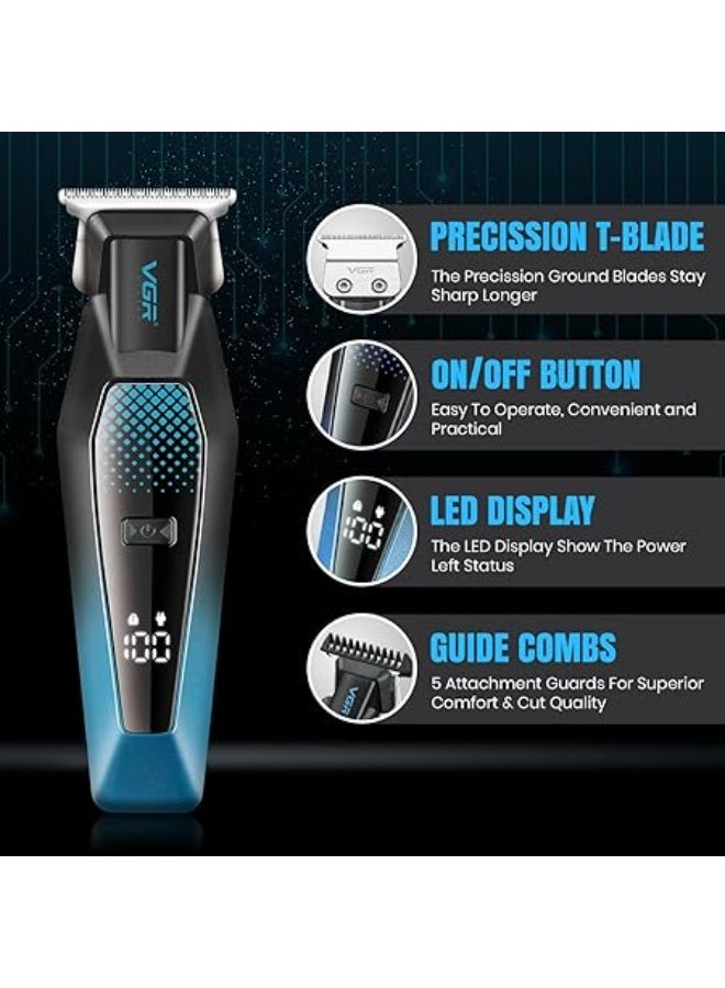 VGR V-253 Professional Hair Trimmer, Precision T-Blade, 90 Minutes Runtime, 600mAh Lithium Battery, 5 Adjustable Guide Combs, USB Charging, LED Display for Salon-Quality Grooming - Image 5