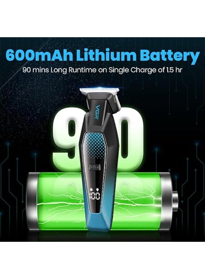 VGR V-253 Professional Hair Trimmer, Precision T-Blade, 90 Minutes Runtime, 600mAh Lithium Battery, 5 Adjustable Guide Combs, USB Charging, LED Display for Salon-Quality Grooming - Image 4