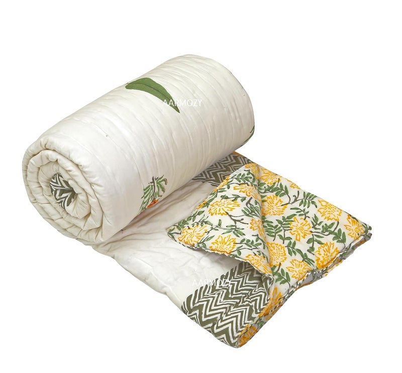 AARMOZY Hand Block Quilt Cotton Double Bed Jaipur Razai Buta Print Multi 90X108 INCHE - Image 3