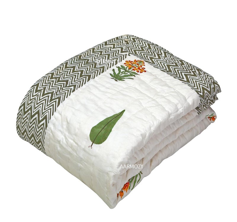 AARMOZY Hand Block Quilt Cotton Double Bed Jaipur Razai Buta Print Multi 90X108 INCHE - Image 1