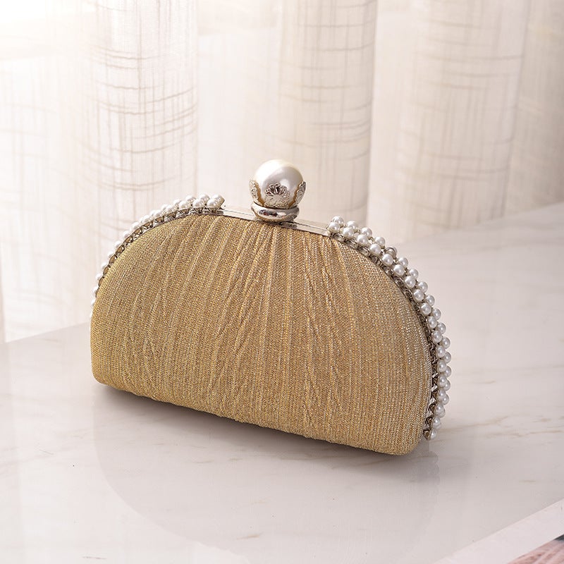 Elegant Pearl-Embellished Pleated Evening Clutch with Clasp Closure - Image 1