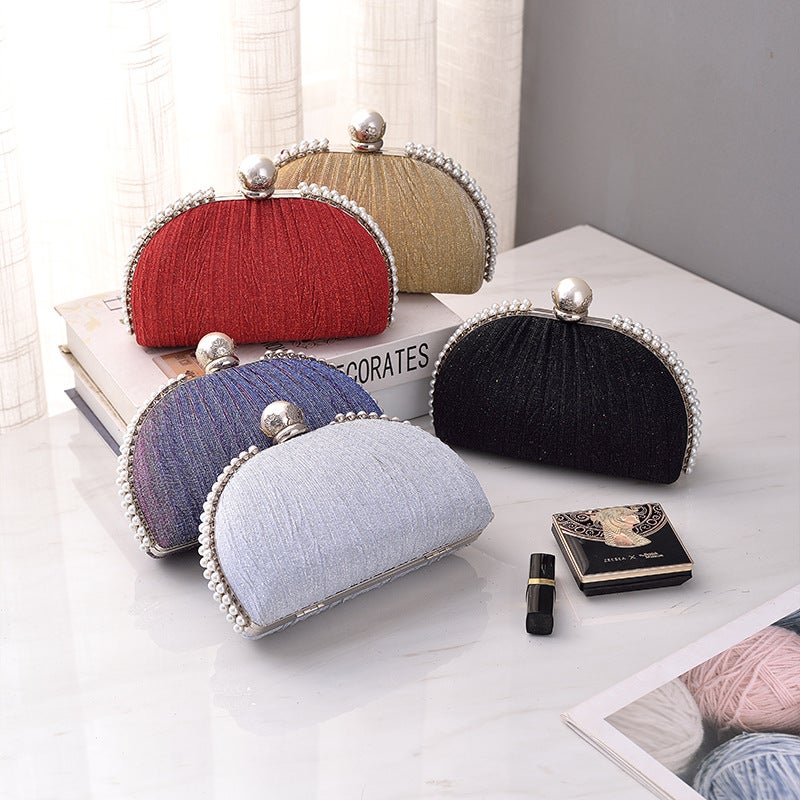 Elegant Pearl-Embellished Pleated Evening Clutch with Clasp Closure - Image 2