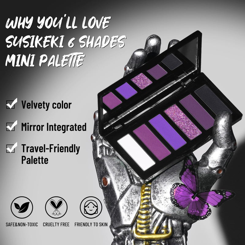 SUSIKEKI Purple Eyeshadow Palette with Mirror Lilac Violet Plum Tones Matte Shimmer Glitter 6 Colors Mini Eye Shadow Pallet Travel Size Highly Pigmented for Fairy Witch Goth Halloween Costume Makeup - Image 2