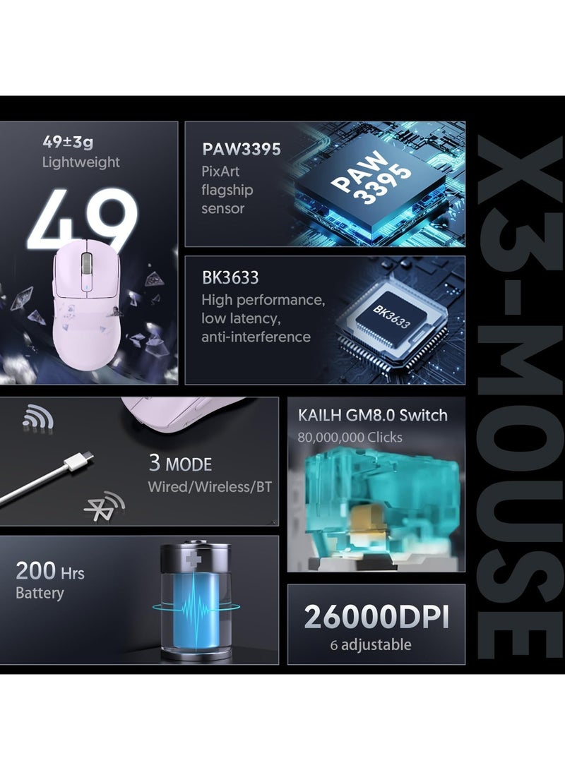 Attack Shark X3 Lightweight Wireless Gaming Mouse with Tri-Mode 2.4G/USB-C Wired/Bluetooth,Up to 26K DPI, PAW3395 Optical Sensor,5 programmable Buttons for PC/Laptop/Win/Mac - Image 3