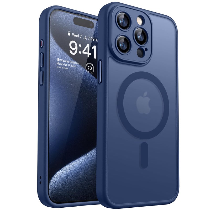كانشن CANSHN Magnetic Compatible with iPhone 15 Pro Case, Upgraded [Full Camera Protection] [Compatible with Magsafe] [Translucent Matte] Shockproof Protective Phone Case 6.1" - Deep Blue - Image 1
