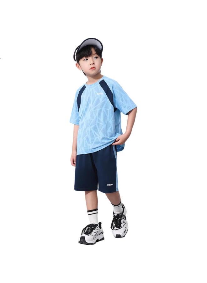 Zuoxi Boys' Summer Outfit Set, New Style, Children'S Short-Sleeve Set, Summer Quick-Dry Sports Two-Piece Suit, Blue, Size 110 - Image 1