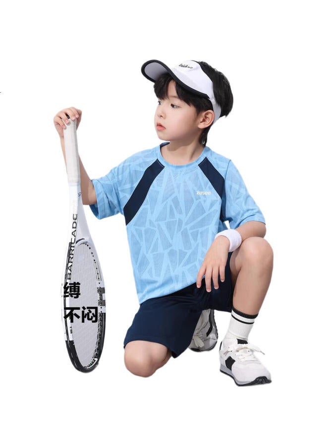 Zuoxi Boys' Summer Outfit Set, New Style, Children'S Short-Sleeve Set, Summer Quick-Dry Sports Two-Piece Suit, Blue, Size 110 - Image 3