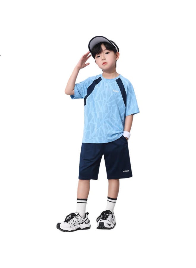 Zuoxi Boys' Summer Outfit Set, New Style, Children'S Short-Sleeve Set, Summer Quick-Dry Sports Two-Piece Suit, Blue, Size 110 - Image 2