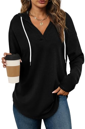Bofell Black Long Sleeve Shirts for Women V Neck Casual Tops Hoodies Comfort Pullover Sweatshirt for Leggings Womens Tops XXL - Image 1