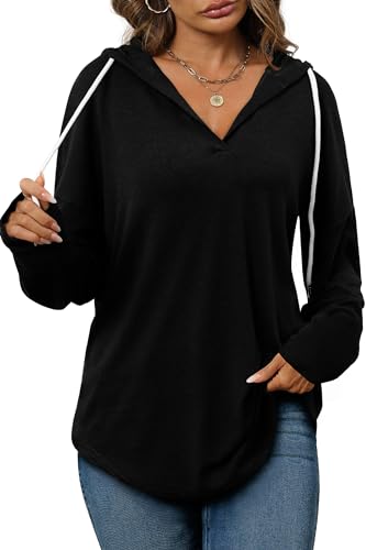 Bofell Black Long Sleeve Shirts for Women V Neck Casual Tops Hoodies Comfort Pullover Sweatshirt for Leggings Womens Tops XXL - Image 3