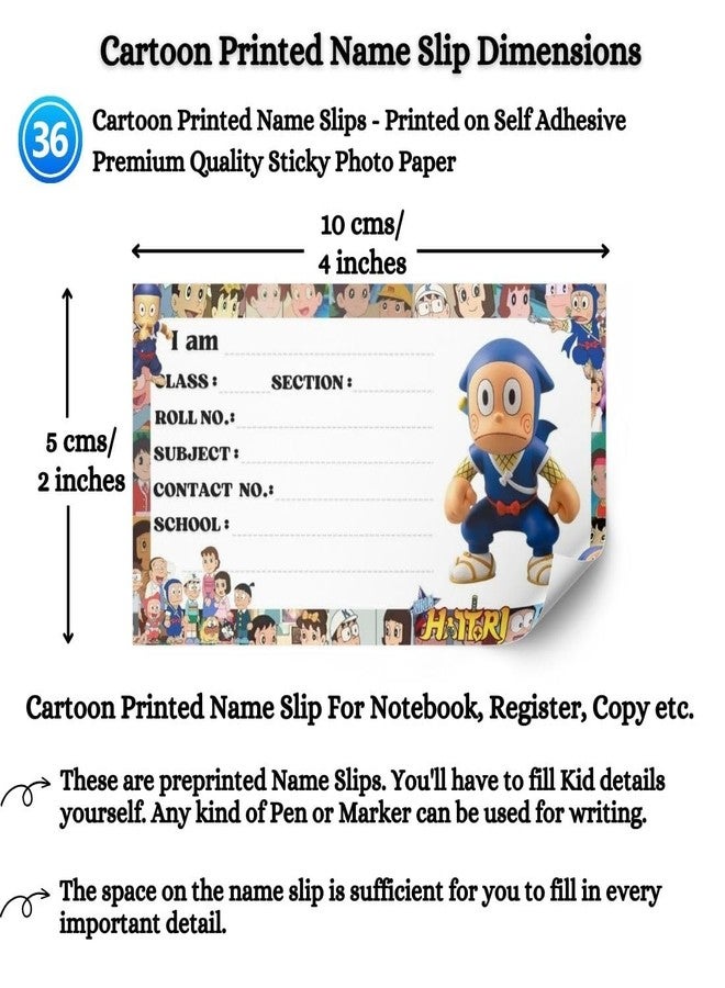 AanyaCentric 36nos Cartoon Printed Name Slip for Kids | 4 x 2 inch | Self Fill in Sticky School Labels for Notebook Register Copy - Image 3