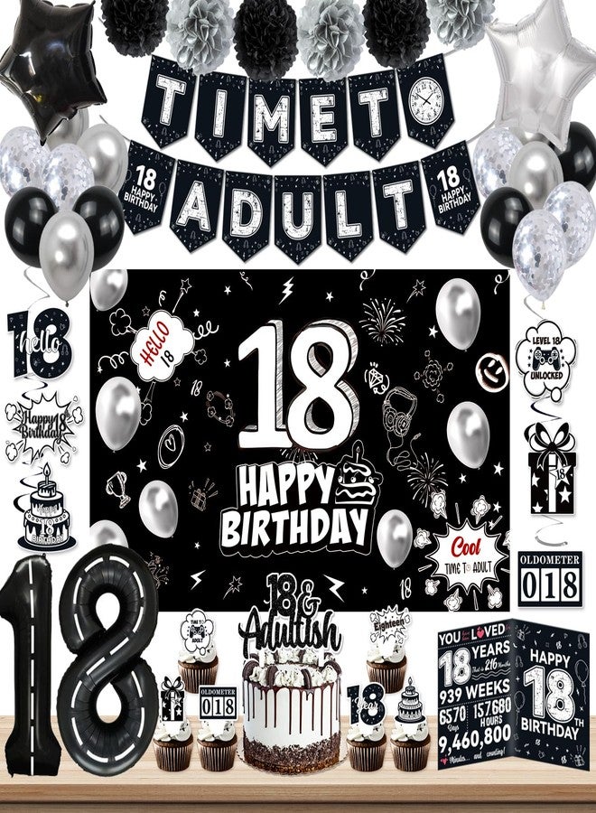 PARTY TONIGHT 18th Birthday Party Supplies, Black 18th Birthday Decorations for Boys And Girls Include 18th Birthday Cake Topper, Time To Adult Banner, Background, Balloons, Happy 18 Year Old Birthday Decorations - Image 1