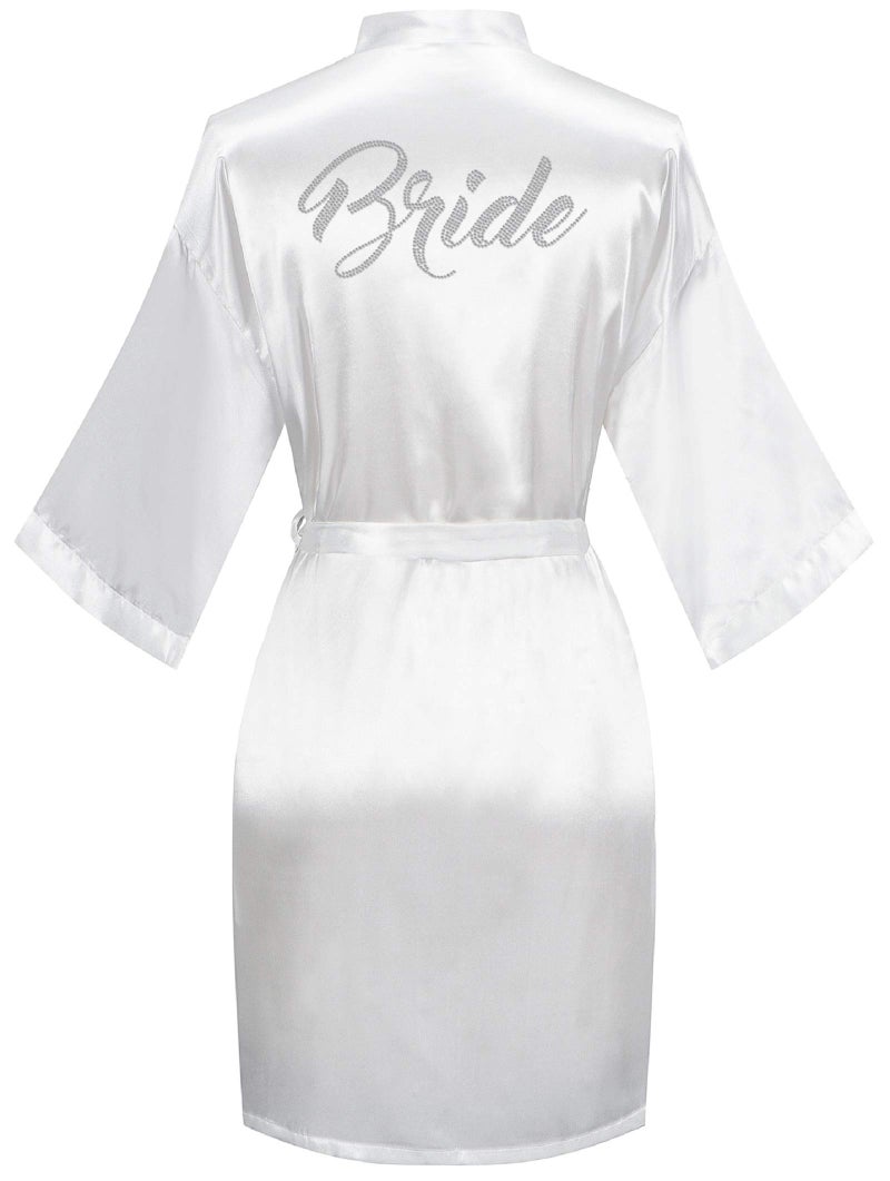 sunshinemall Women's Satin Kimono Robes with Rhinestones Bride Bridesmaid Short Getting Ready Wedding Dressing Gown - Image 1