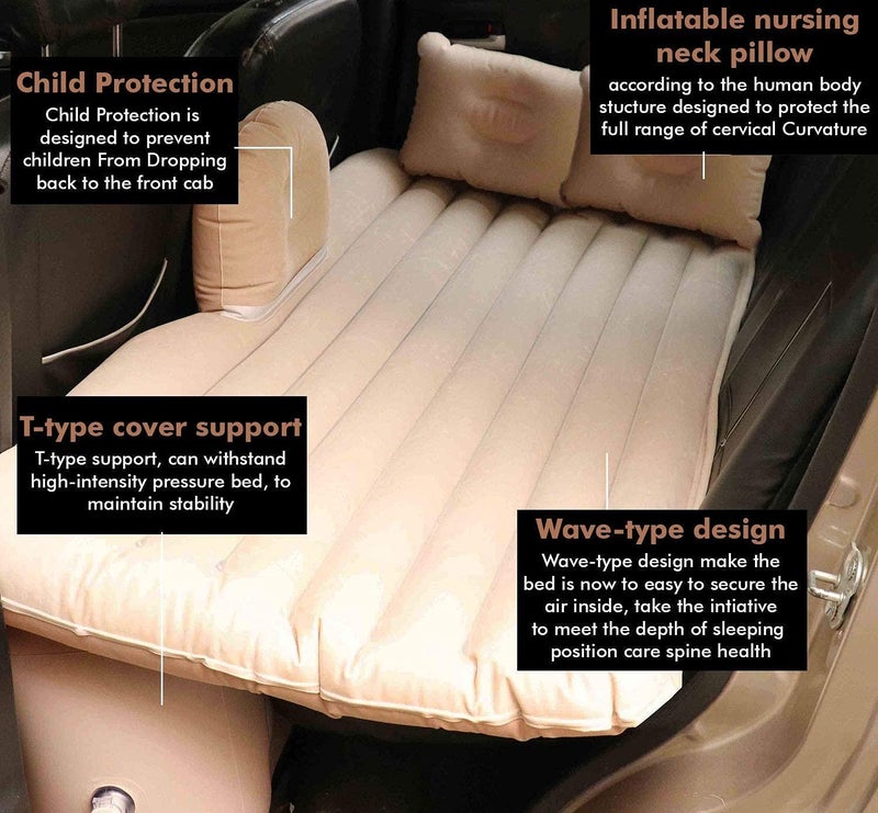 STL Multifunctional Inflatable Car Mattress Travel Car Bed with 2 Air Pillows Air Pump Repair Kit Comfortable Backseat Sleeping Pad for Road Trips Camping Cream - Image 4