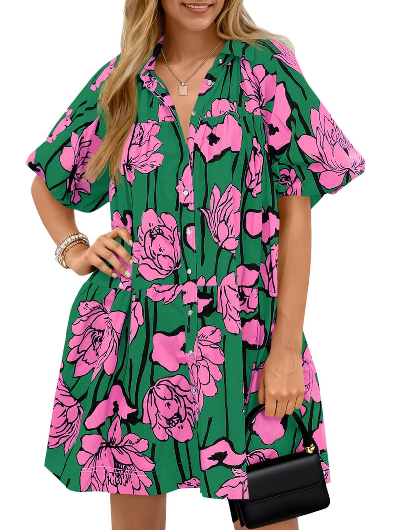 Wenrine Women's Summer Button Down Shirt Dress Floral Puff Short Sleeve Casual Loose Fit Beach Mini Dresses Green - Image 1