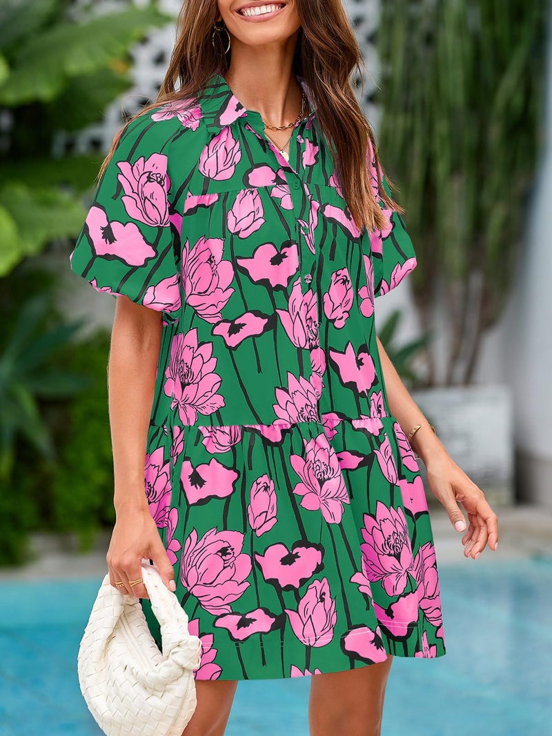 Wenrine Women's Summer Button Down Shirt Dress Floral Puff Short Sleeve Casual Loose Fit Beach Mini Dresses Green - Image 5