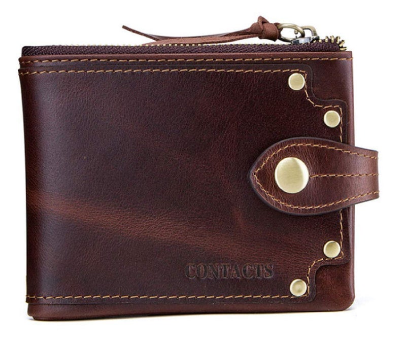 Contacts Men's Genuine Leather Wallet | RFID Blocking | Bifold with Button Closure | 13 Card Slots Including 1 ID Window, 1 Zip Closure Currency Compartment (Hori Brown) - Image 1