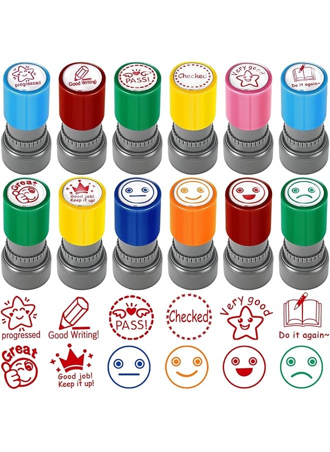 erorex 12Pcs Round Teacher Stamps For Grading Self Inking Rubber Stamps Mood Expressions And Comments Colorful Motivational Encouraging Stamp Set Teacher Review Stamp For Kids Education  - Image 1