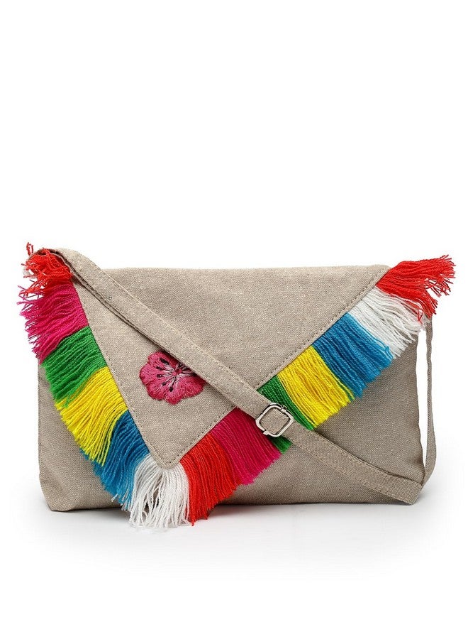 Anekaant Boho Natural & Multi Floral Embroidered Cotton Canvas Sling Bag - Image 1