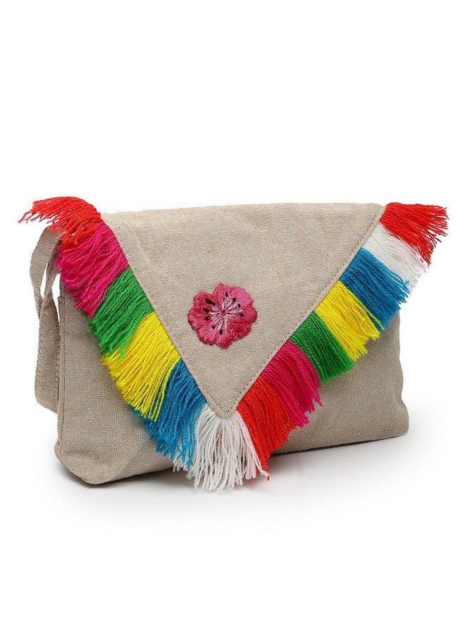 Anekaant Boho Natural & Multi Floral Embroidered Cotton Canvas Sling Bag - Image 5