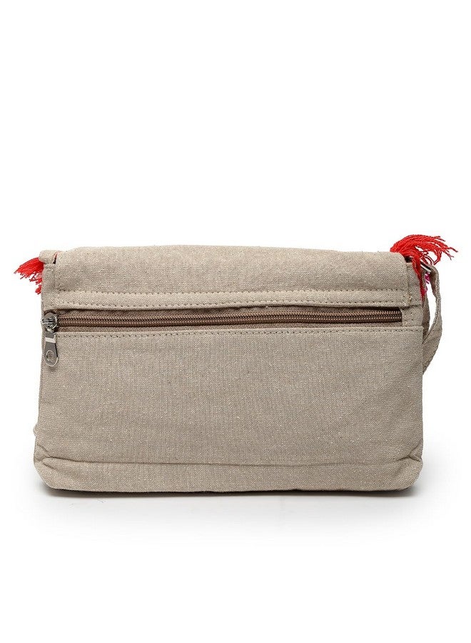 Anekaant Boho Natural & Multi Floral Embroidered Cotton Canvas Sling Bag - Image 4