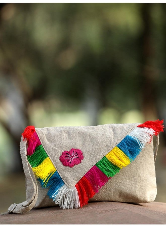 Anekaant Boho Natural & Multi Floral Embroidered Cotton Canvas Sling Bag - Image 2