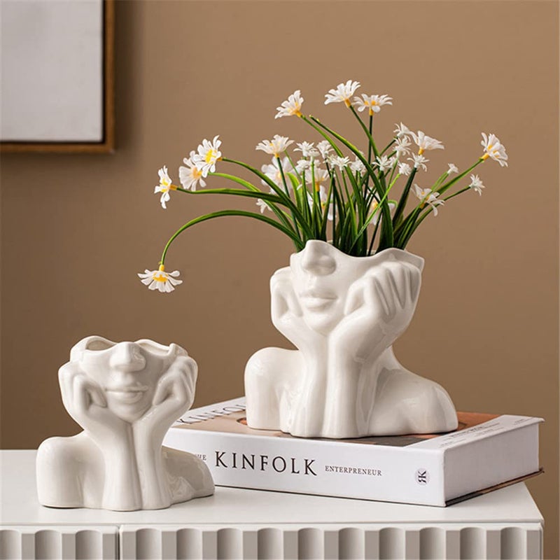 Wadiy Ceramic Face Vase, White Flower Vases for Decor Female Form Head Half Body Vase Boho Unique Decorative Modern Style for Home Living Room Office Book Shelf (Medium) - Image 4