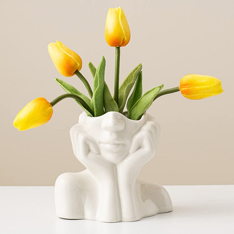 Wadiy Ceramic Face Vase, White Flower Vases for Decor Female Form Head Half Body Vase Boho Unique Decorative Modern Style for Home Living Room Office Book Shelf (Medium) - Image 1