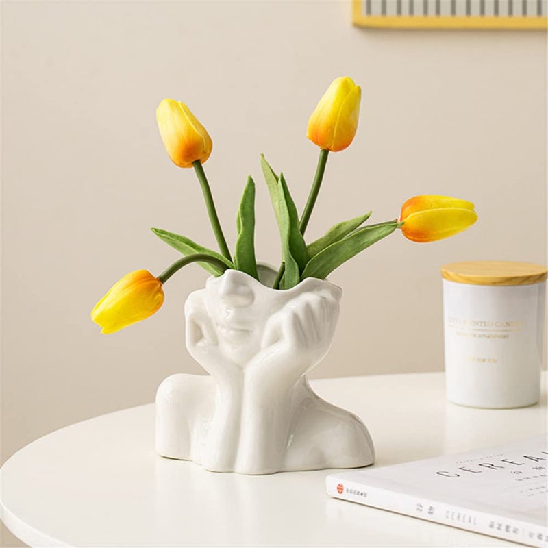 Wadiy Ceramic Face Vase, White Flower Vases for Decor Female Form Head Half Body Vase Boho Unique Decorative Modern Style for Home Living Room Office Book Shelf (Medium) - Image 3