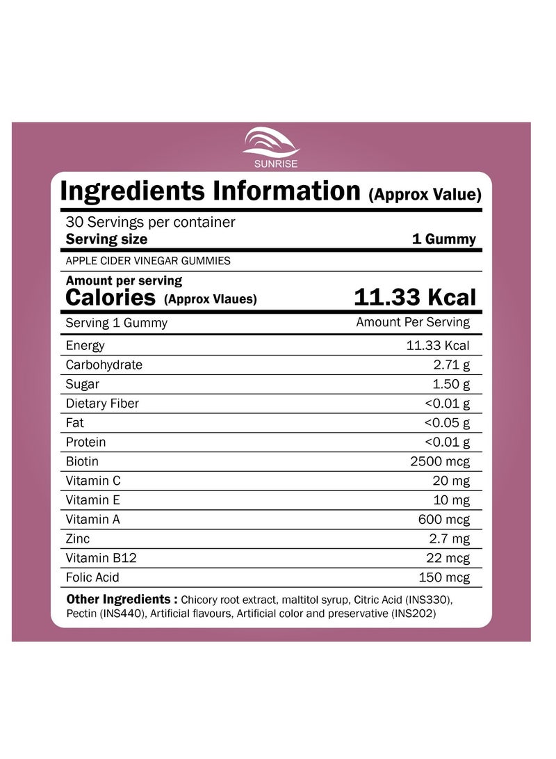 SUNRISE Hair Vitamins Biotin 2500mcg Gummies 30's | Enriched With Vitamin C, Vitamin E, Zinc & Folic Acid For Stronger and Thicker Hair - Image 2