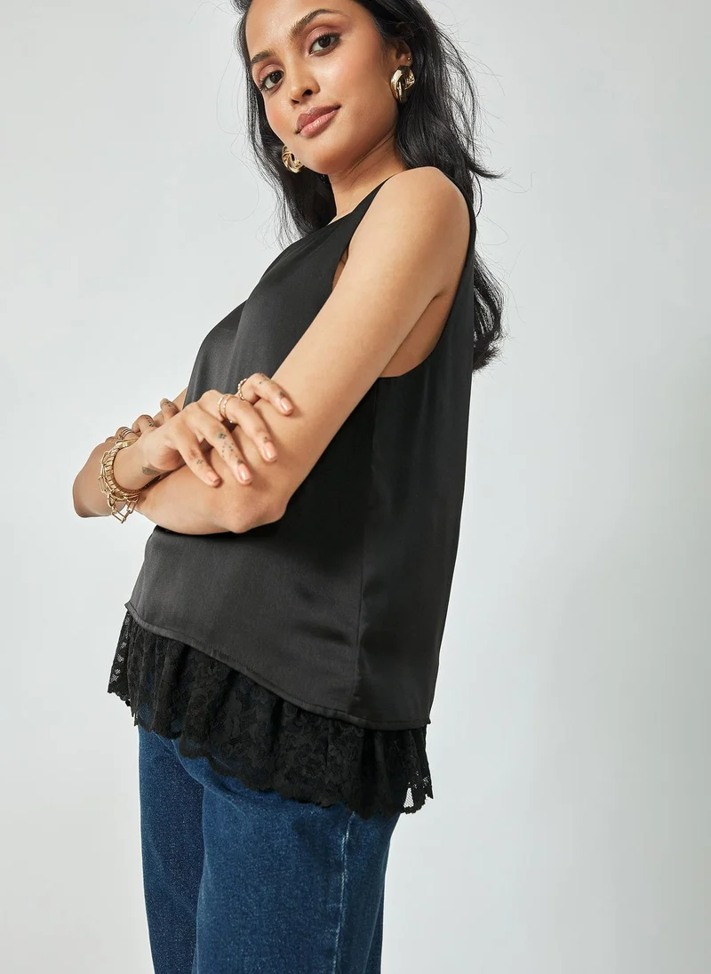 The Label Life Black Satin Lace Insert Tank Top – Stylish and Versatile