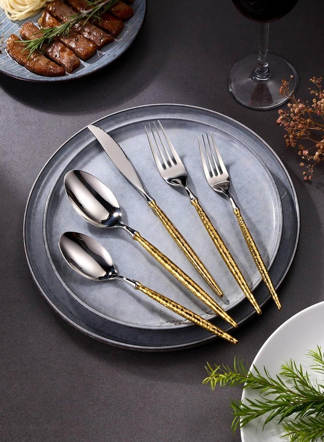 Lemeya 20-Piece Hammered Silver Gold Silverware Set,18/10 Stainless Steel Forging Heavy Duty Cutlery Set for 4, Luxury Unique Flatware Set,Spoons and Forks Set,Mirror Polished,Dishwasher Safe - Image 3