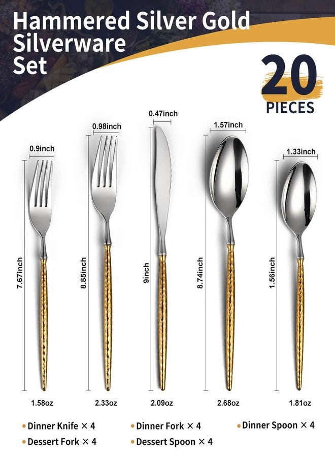 Lemeya 20-Piece Hammered Silver Gold Silverware Set,18/10 Stainless Steel Forging Heavy Duty Cutlery Set for 4, Luxury Unique Flatware Set,Spoons and Forks Set,Mirror Polished,Dishwasher Safe - Image 2