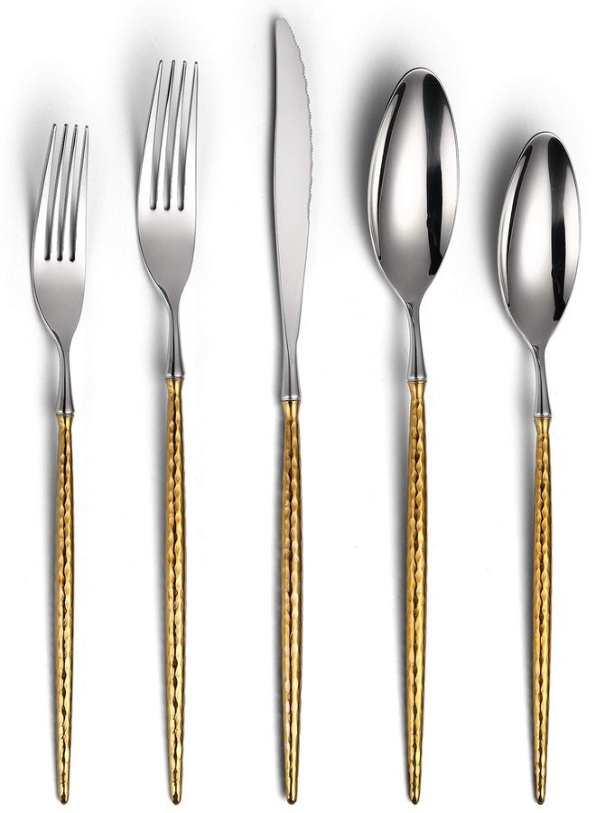 Lemeya 20-Piece Hammered Silver Gold Silverware Set,18/10 Stainless Steel Forging Heavy Duty Cutlery Set for 4, Luxury Unique Flatware Set,Spoons and Forks Set,Mirror Polished,Dishwasher Safe - Image 1