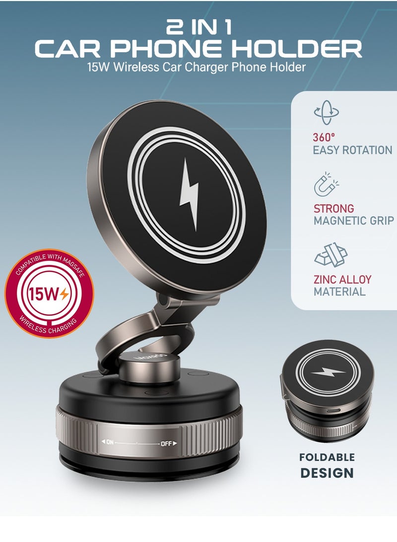 Moxedo 2 in 1 Car Phone Holder 15W Wireless Car Charger Vacuum Suction Cup Phone Holder for Dashboard / Windshield with Metal Plate Compatible for All Smartphones - Image 2