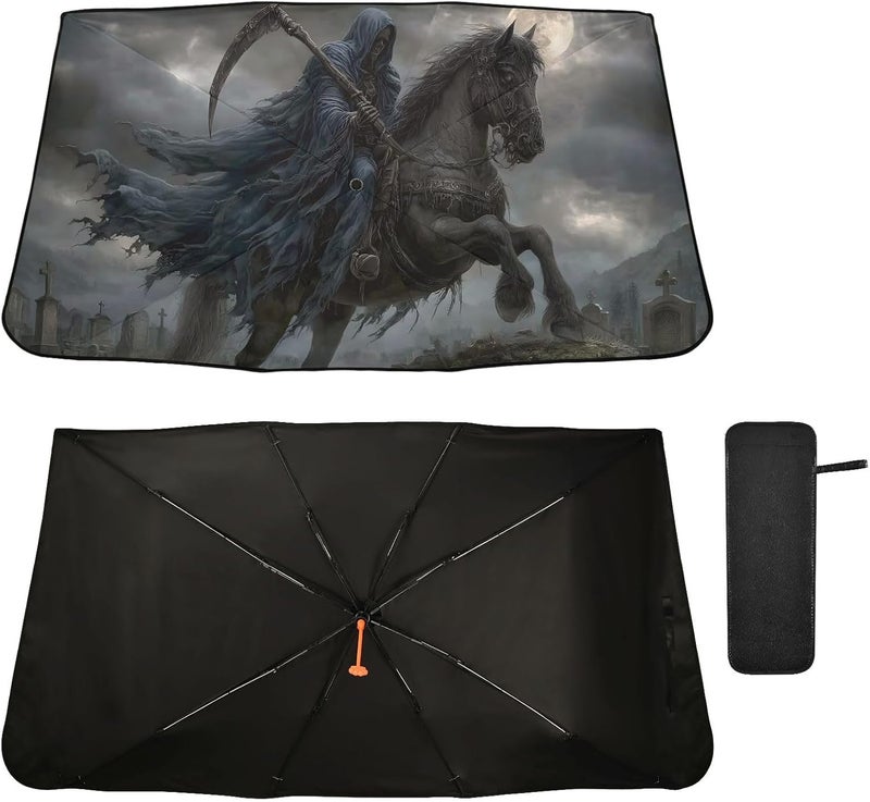 Windshield Sun Shade Umbrella Grim Reaper Gothic – Fashion Design, Protect Car from Sun & Heat Damage, Easy Store, Universal Fit 55” x 27.5” - Image 2