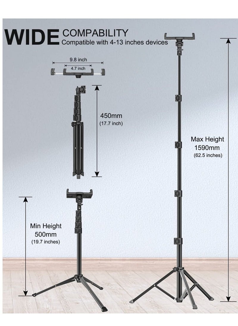 Tablet Floor Tripod Stand 62 inch Height Adjustable Holder with 360° Rotating Phone Tripod Mount & 1/4'' Screw for iPad Pro 12.9 Air Mini, iPhone, 4-13" Tablet & Cell Phones - Image 2